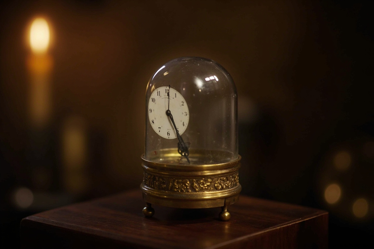 Antique brass mantel clock with hands frozen under a clouded glass dome, on dark walnut.