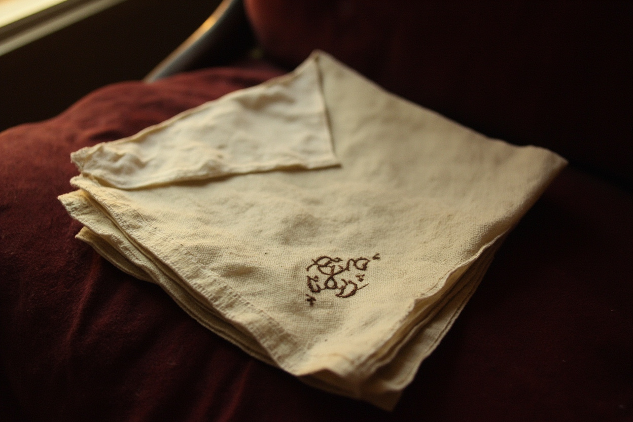 Folded antique linen handkerchief with faded embroidered monogram on dark burgundy velvet.