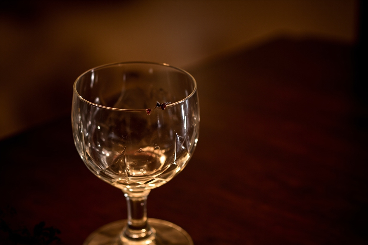 Single crystal wine glass with faint lipstick trace and hairline crack in the stem, on dark polished wood.
