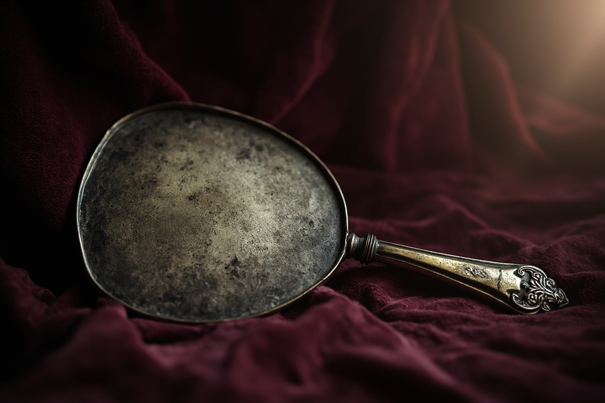 Antique silver hand mirror lying face-down on aged burgundy velvet, surface heavily tarnished.