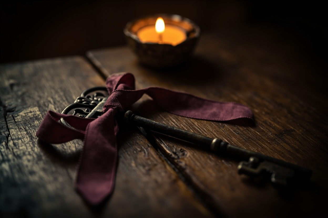 Antique iron skeleton key with ornate bow, tied with faded burgundy velvet ribbon, on dark wood.