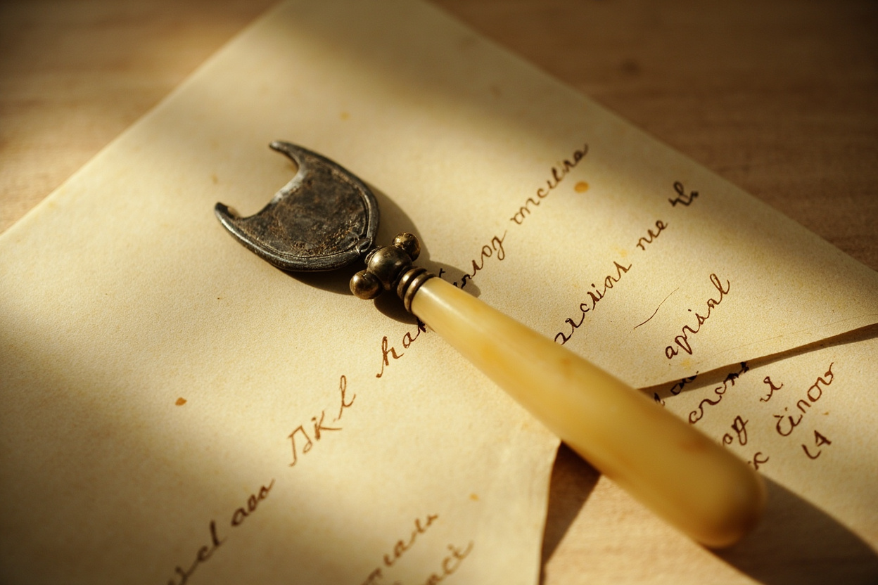 Antique letter opener with yellowed ivory handle and darkened steel blade across an aged envelope.