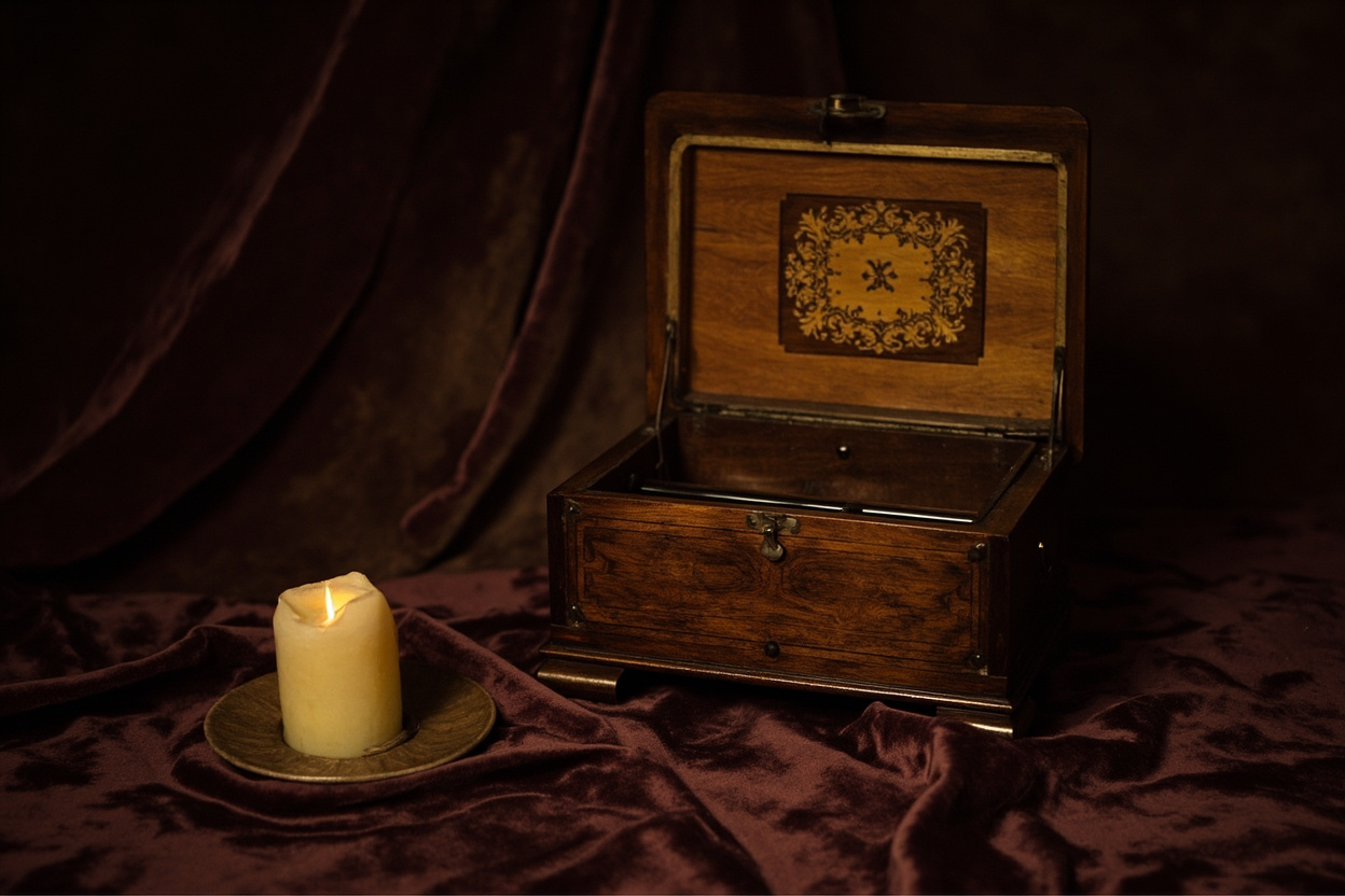 Antique inlaid wooden music box with lid open showing empty mechanism compartment.