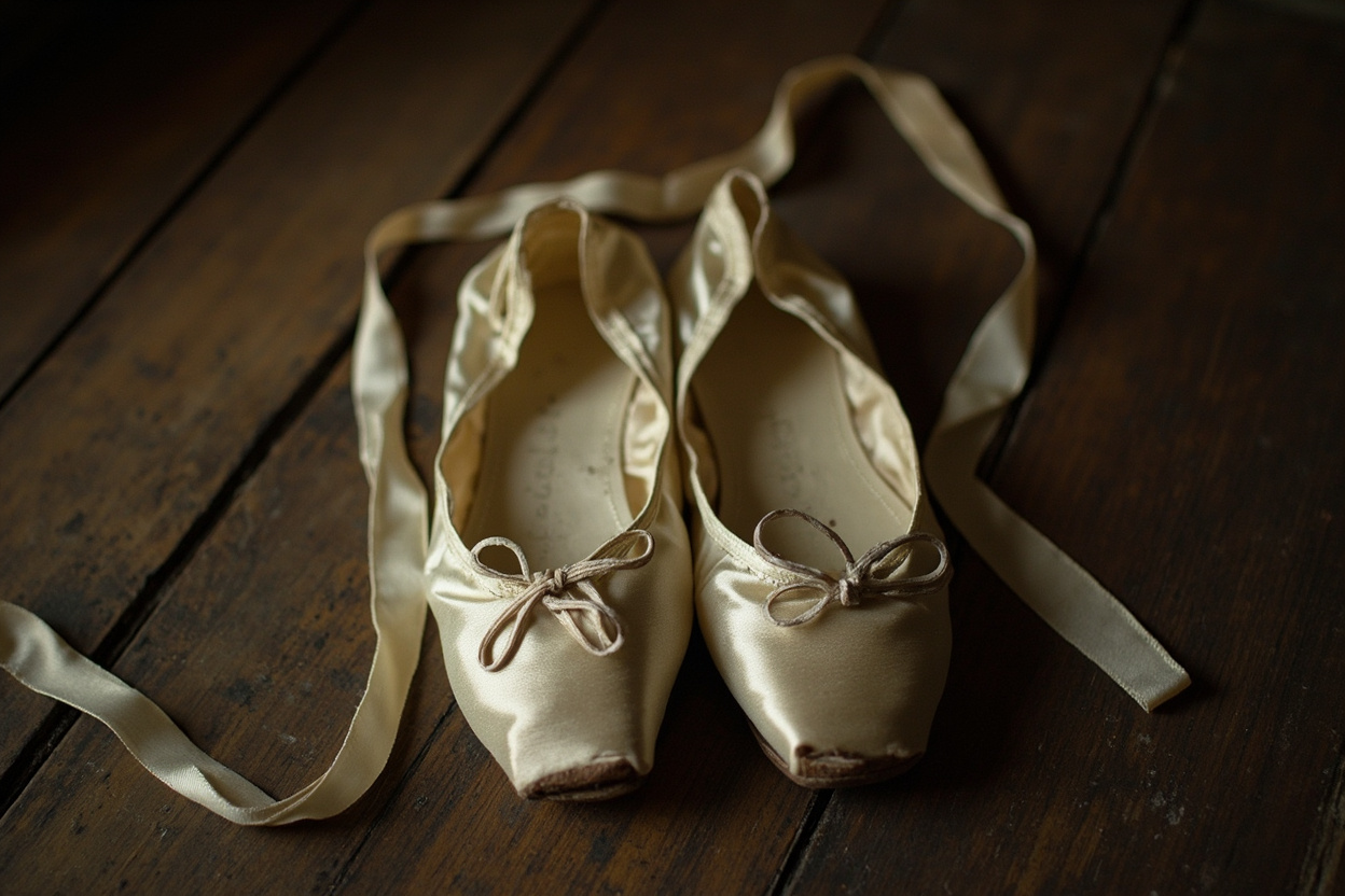 Pair of antique women's pale satin ballet slippers, worn through at the toes, ribbons trailing.